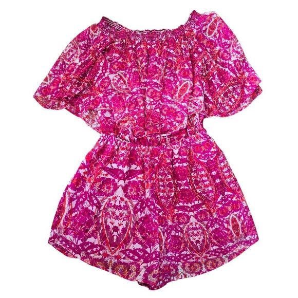 Show Me Your Mumu Rosarita Romper Women's Small Pink Red Floral Off the Shoulder - Picture 2 of 8